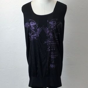 Black Sleeveless Graphic Dress with Purple Print